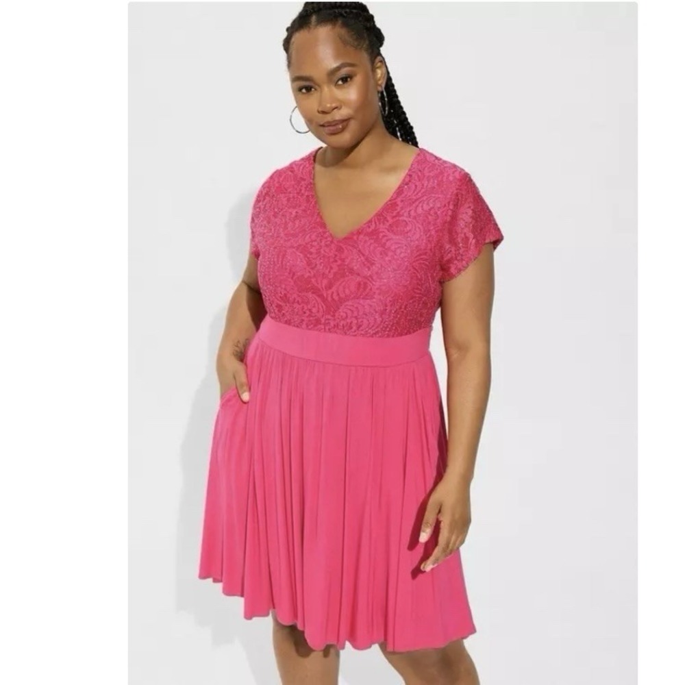 NWT Torrid Pink Super Soft Sequin Lace Flare Pockets Dress Size 3X